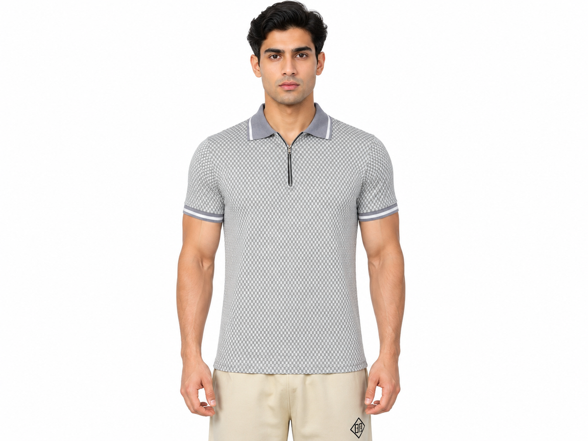 Steel Grey Textured Quarter Zip Polo