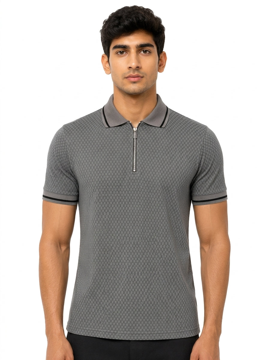 Grey Textured Quarter Zip Polo