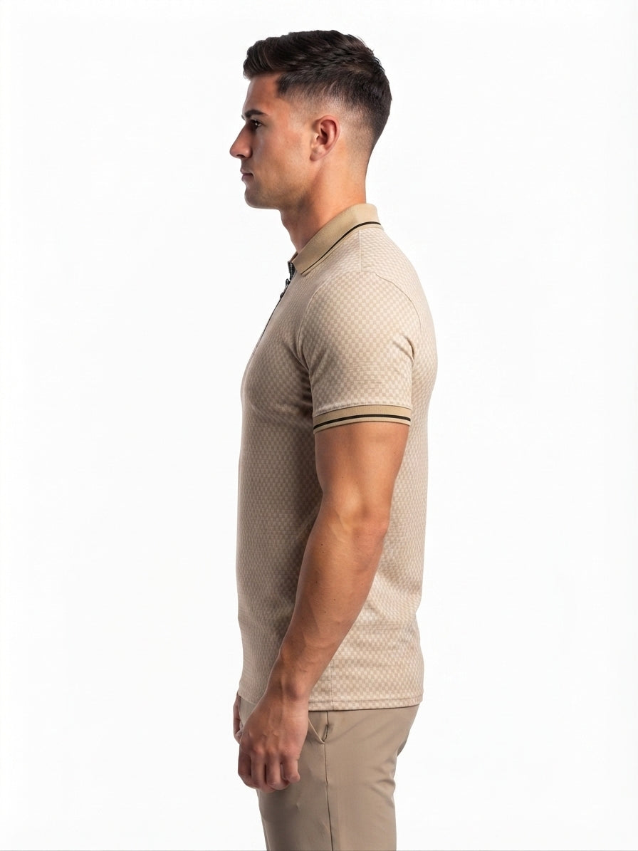 beige and creme quarter zipper polo