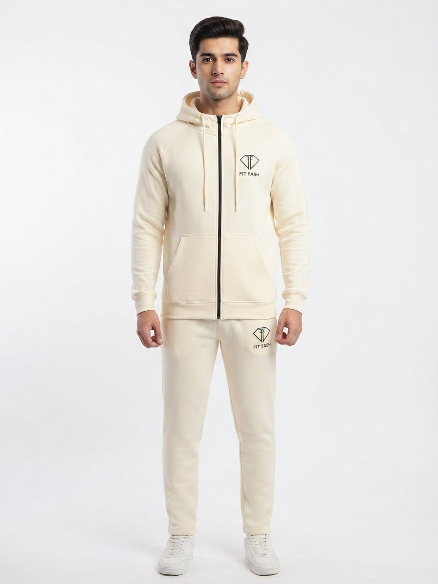 Fit Fash Premium Cream Fleece Full-Zip Hoodie & Joggers Tracksuit