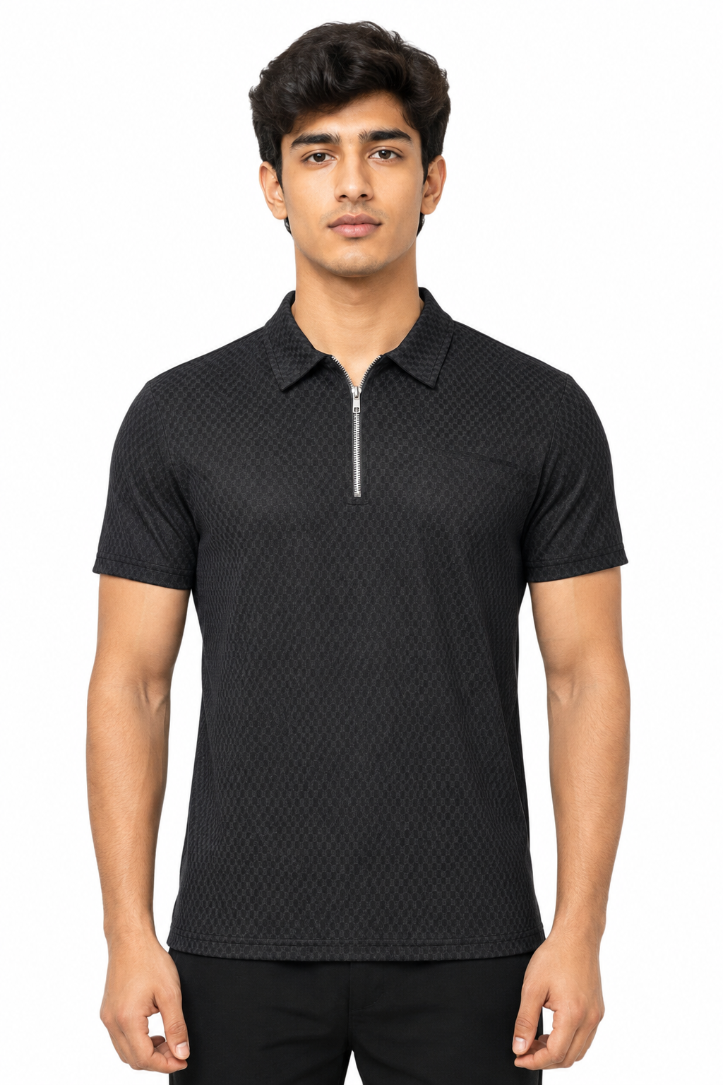 Black Textured Quarter-Zip Polo