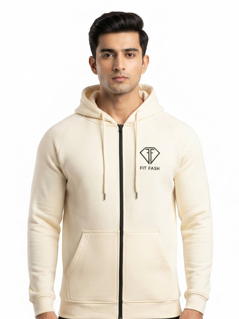 Fit Fash Premium Cream Fleece Full-Zip Hoodie & Joggers Tracksuit