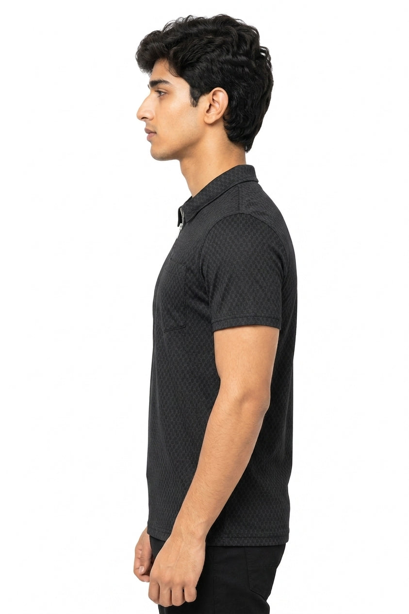 Black Textured Quarter-Zip Polo