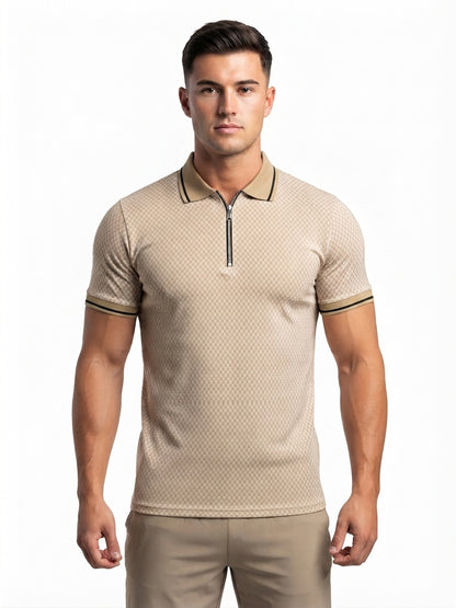 beige and creme quarter zipper polo