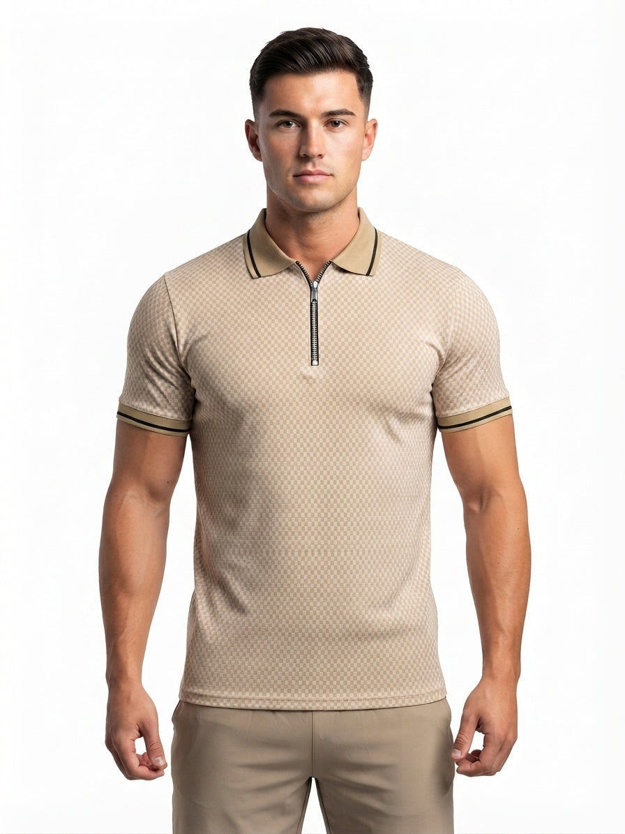 beige and creme quarter zipper polo