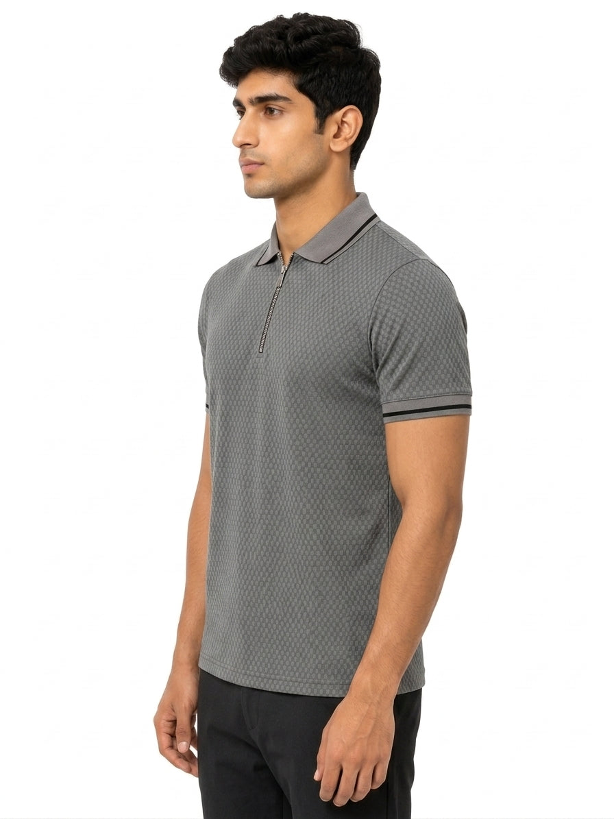 Grey Textured Quarter Zip Polo
