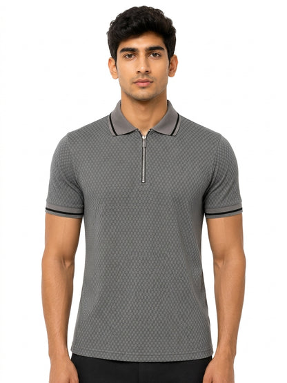 Grey Textured Quarter Zip Polo