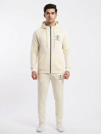 Fit Fash Premium Cream Fleece Full-Zip Hoodie & Joggers Tracksuit